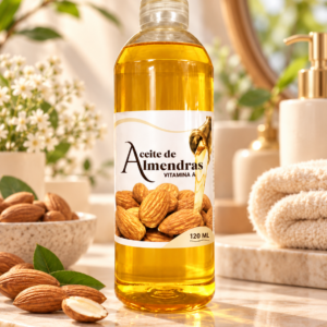 Aceite de almendras con vitamina A de 120 ml en botella con líquido dorado, rodeado de almendras y flores en un ambiente de spa luminoso.